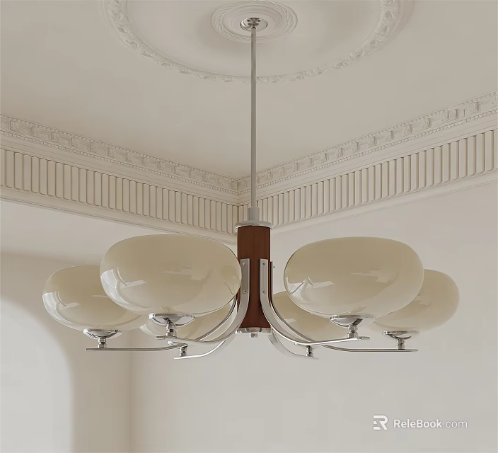 Elegant Chandelier With White Glass Shades Metal Frame And Decorative Ceiling Molding 3d model 