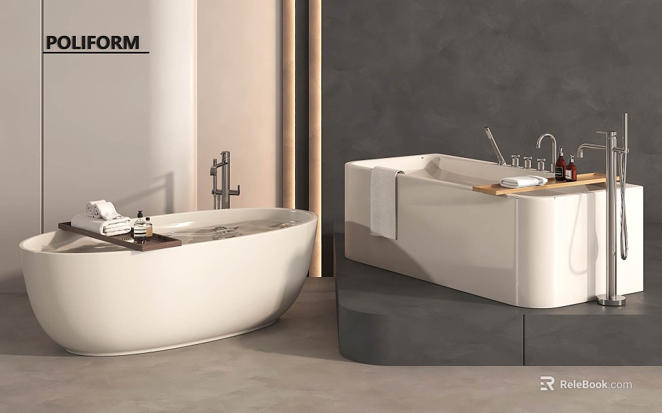 Modern Bathroom With Stylish Bathtubs And Accessories 3d model 