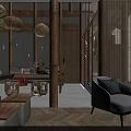 Serene Hotel Lounge Area With Wooden Table Potted Bamboo And Soft Lighting