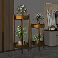 Golden Multi Tiered Plant Stands With Green Plants And Flower Vases In Modern Interior