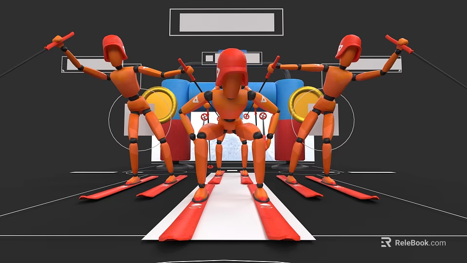 Orange Game Movie Characters With Red Helmets And Red Skis In Skiing Scene 3d model 