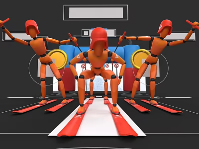 Orange Game Movie Characters With Red Helmets And Red Skis In Skiing Scene 3d model