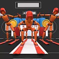 Orange Game Movie Characters With Red Helmets And Red Skis In Skiing Scene