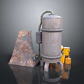 Household Rusty Cone Shaped Object With Cylindrical Metal Container And Small Yellow Box 3d model
