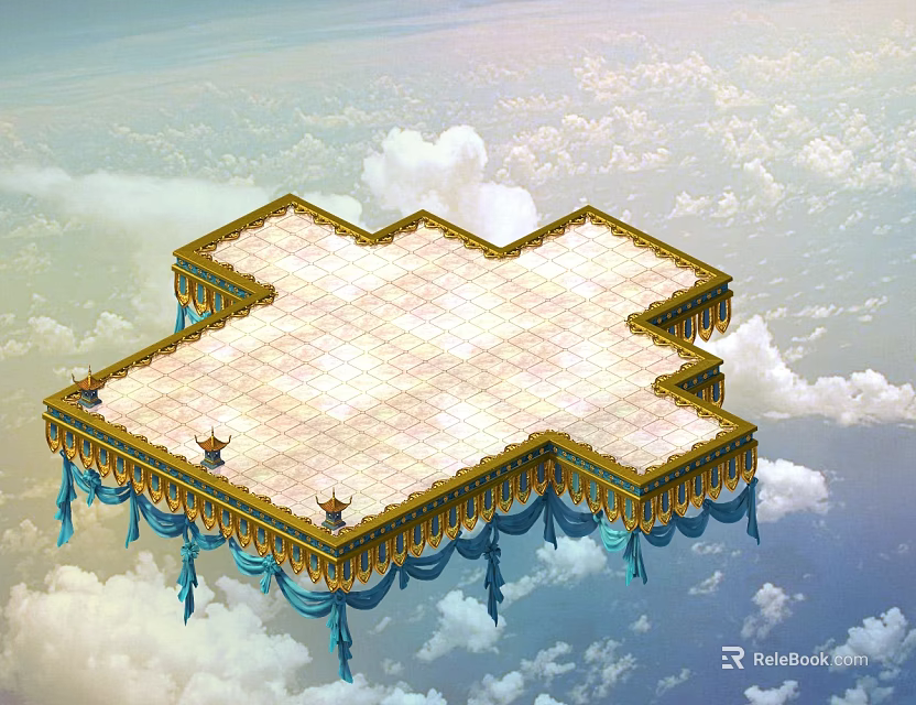 Cartoon Scene Of Cross Shaped Platform Floating In Clouds With Golden Decorations And Blue Tassels 3d model 