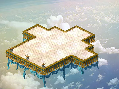 Cartoon Scene Of Cross Shaped Platform Floating In Clouds With Golden Decorations And Blue Tassels 3d model