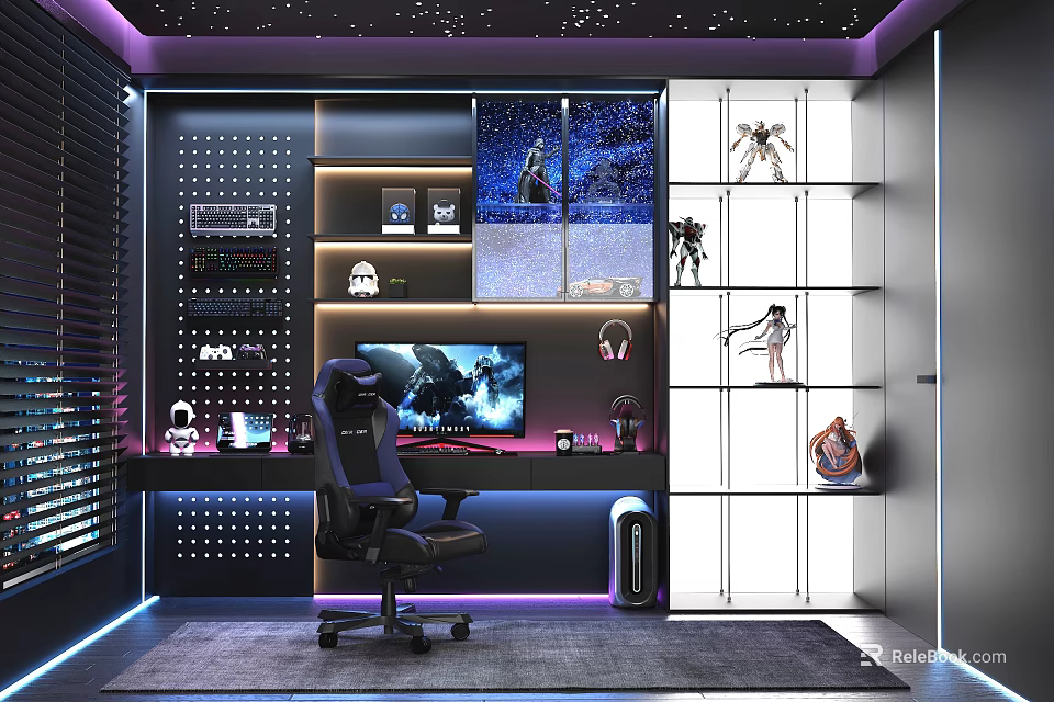 Hi Tech Recreation Room With Gaming Chair Figurines And Starry Ceiling 3d model 