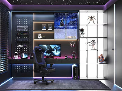 Hi Tech Recreation Room With Gaming Chair Figurines And Starry Ceiling 3d model