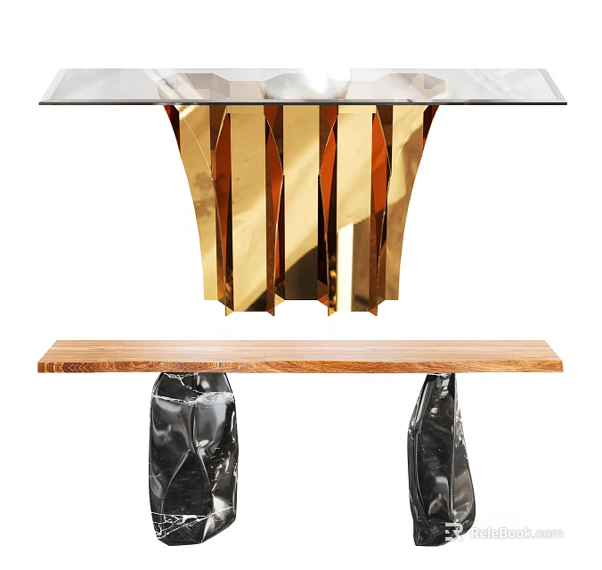 Modern Console Table Designs With Glass Top Gold Base And Wooden Top Black Base 3d model 