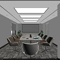 Modern Conference Room Interior With Projection Screen Long Meeting Table Beige Chairs And Green Plants