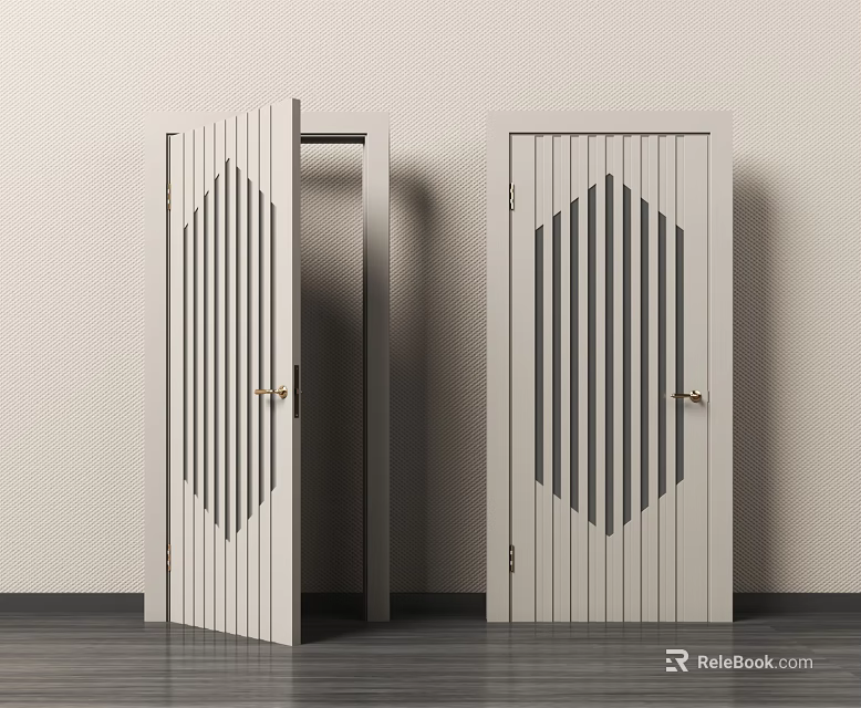 Modern Light Gray Swing Door With Vertical Stripes And Golden Handle Design 3d model 
