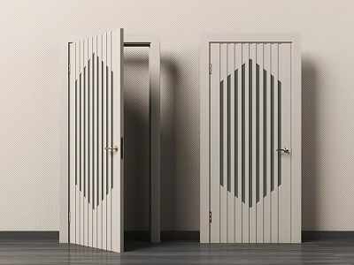 Modern Light Gray Swing Door With Vertical Stripes And Golden Handle Design 3d model