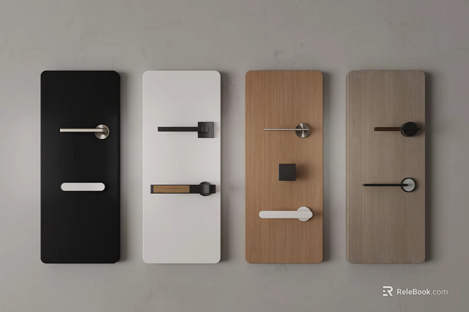 Modern Door Handles In Various Designs And Materials On Colored Door Panels 3d model 