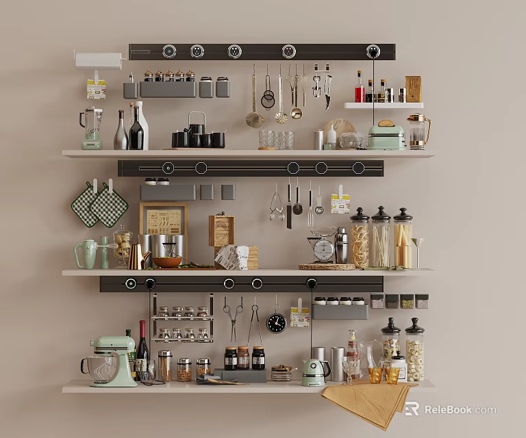 Neatly Arranged Kitchen Shelves Displaying Cooking Utensils Pots Pans Knives And Spice Jars 3d model 