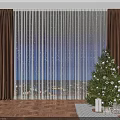Brown Curtains And Sheer Lighted Panels With Christmas Tree Gifts On Wooden Floor
