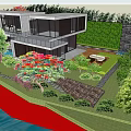 Modern Detached Villa With Large Glass Windows Stone Wall And Swimming Pool