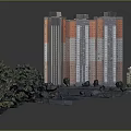 Modern High Rise Residential Buildings With Orange White Facade And Green Vegetation Surrounding