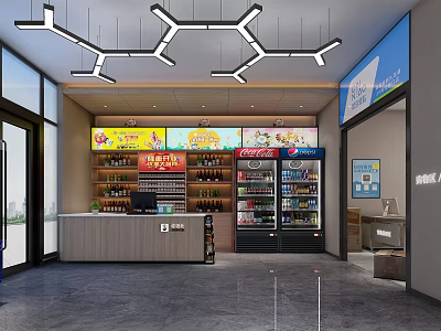 Bright Modern Supermarket Interior With Shelves Beverages Snacks Refrigerators And Checkout Counter 3d model