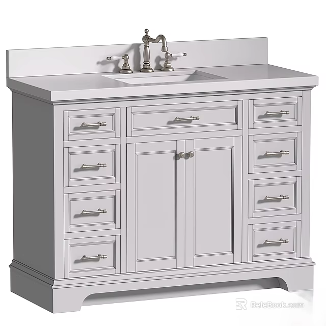 Classic White Bathroom Vanity With Multiple Drawers Storage Cabinets And Brass Faucet 3d model 