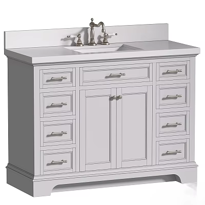 Classic White Bathroom Vanity With Multiple Drawers Storage Cabinets And Brass Faucet 3d model