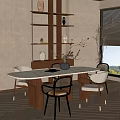 Modern Minimalist Dining Table Set With Wooden Table And Upholstered Chairs Plus Decorative Vase