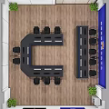 Office Interior of Traffic Accident Traceability Quick Handling Center with Blue Wall Desks Computers Chairs