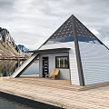 Scenic Lakefront A frame Cabin with Solar Panels Wooden Deck and Yellow Chairs