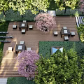 Beautiful Garden Wall Design In Outdoor Space With Wooden Deck And Cherry Blossom Trees
