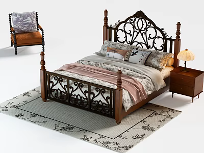 Ornate Metal Frame Double Bed with Pillows Quilt Side Table Lamp Accent Chair Patterned Rug 3d model