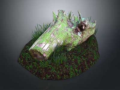 Natural Wooden Log Covered With Green Moss And Surrounded By Fresh Grass On Dirt Base 3d model