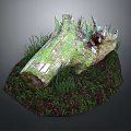 Natural Wooden Log Covered With Green Moss And Surrounded By Fresh Grass On Dirt Base