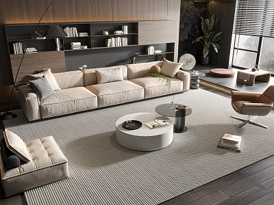 Modern Living Room Sofa Coffee Table Set With Area Rug Armchair And Decorative Plant 3d model
