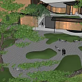 Serene Garden Landscape With Brick Walls Water Pool Latticed Roof And Pathway