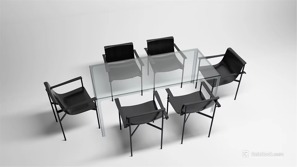 Modern Dining Table Set With Transparent Glass Top Six Black Chairs With Metal Frame 3d model 