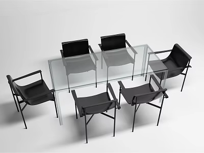 Modern Dining Table Set With Transparent Glass Top Six Black Chairs With Metal Frame 3d model