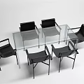 Modern Dining Table Set With Transparent Glass Top Six Black Chairs With Metal Frame