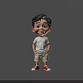 Animated 3D Game Character with Black Short Hair White T-Shirt Beige Shorts and Red Shoes
