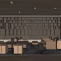 Modern Cafe Interior Design With Wooden Ceiling Bookshelf Wall And Comfortable Seating 3d model