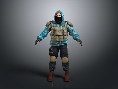 3D Tactical Character Wearing Hooded Camouflage Sweatshirt Brown Vest Face Mask Knee Pads And Boots 3d model