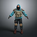 3D Tactical Character Wearing Hooded Camouflage Sweatshirt Brown Vest Face Mask Knee Pads And Boots