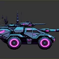 Futuristic Armored Vehicle With Blue Pink Neon Lights Antennas And Weapons