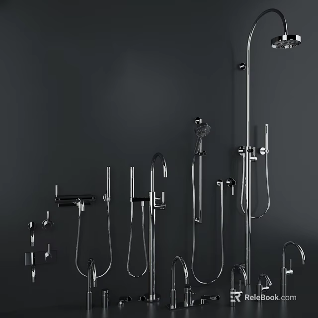Modern Chrome Bathroom Shower Components Including Various Handheld Sprayers And Overhead Heads 3d model