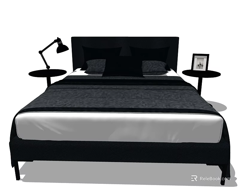 Modern Black Double Bed Interior With Bedside Tables Table Lamp And Photo Frame 3d model