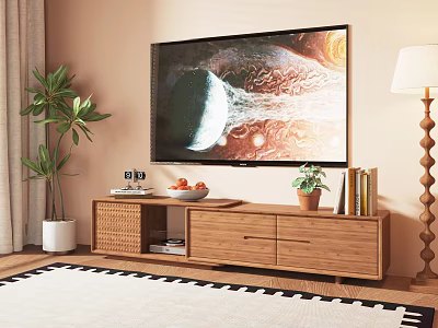Wooden TV Stand with TV Fruit Bowl Potted Plant and Books in Living Room 3d model