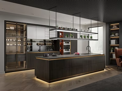 Stylish Modern Kitchen With Dark Island Counter Glass Cabinets Hanging Shelves Green Plants And Lighting 3d model