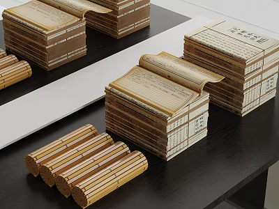 Traditional Chinese Bamboo Slips Books Stacked and Unfolded on Black Table 3d model