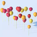 Colorful Party Balloons Red Yellow Pink With Long Strings Light Blue Background For Celebration Decoration