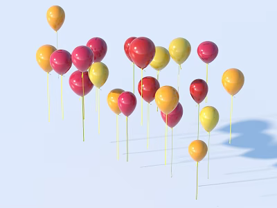 Colorful Party Balloons Red Yellow Pink With Long Strings Light Blue Background For Celebration Decoration 3d model
