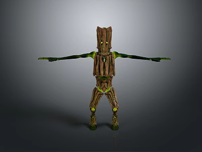 Wooden Humanoid Creature Character With Tree Bark Texture And Green Luminous Elements 3d model
