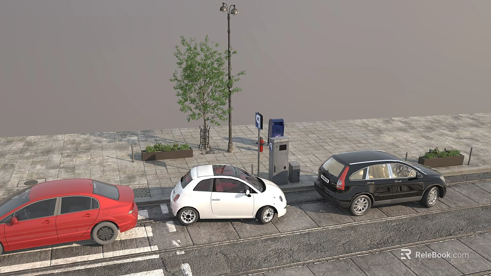 Public Facilities On Urban Street With Street Lamp Trash Bin Parking Sign And Parked Cars 3d model 